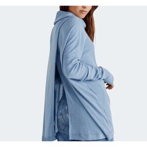 Free People Juicy Ribbed Dusty Blue Cowl Neck Sweater Loose Fit Small